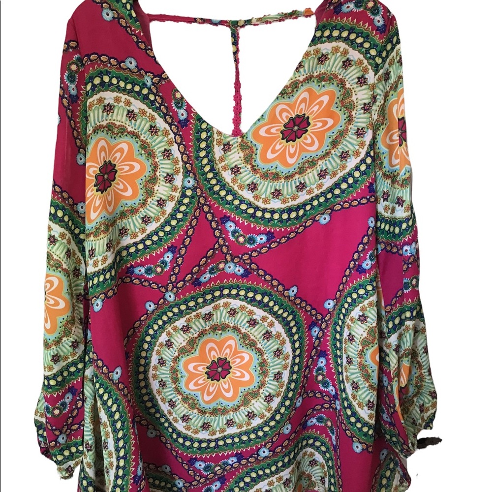 Xtaren Blouse Sz L Pink Floral Lined T-back detail Open balloon sleeve